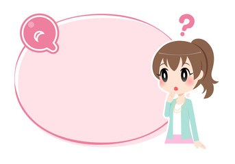 Qマークの付いたピンクの枠と女性（？つき）