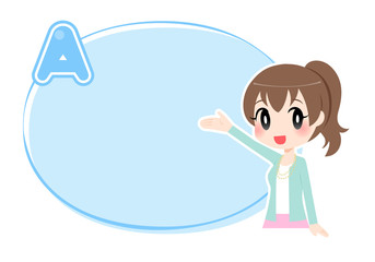 Aマークの付いた水色の枠と大きく手を挙げる女性