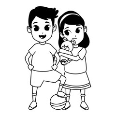 Kids friends playing and smiling cartoons in black and white