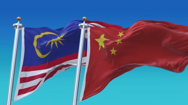 4k Seamless Malaysia and China Flags with blue sky background;A fully digital rendering;The animation loops at 20 seconds;MGL MY CN CHN.