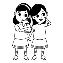 Kids friends playing and smiling cartoons in black and white