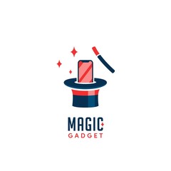 Magic gadget logo with phone pop up from magician hat after knocked with magic stick trick icon logo vector design