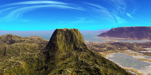 Naklejka premium Alien Planet. Mountain and water. 3D rendering