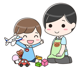  	遊んでいる男の子と見守る男性の先生