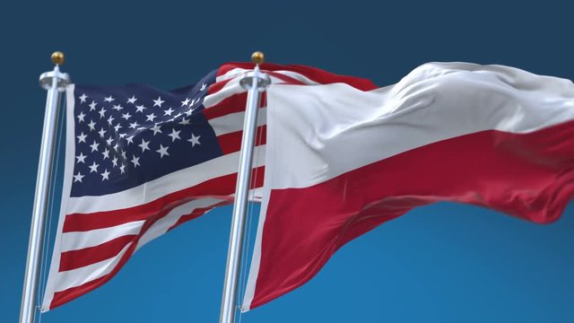 4k Seamless United States of America And Poland Flags with blue sky background;A fully digital rendering;The flag 3D animation loops at 20 seconds;USA US POL PL.