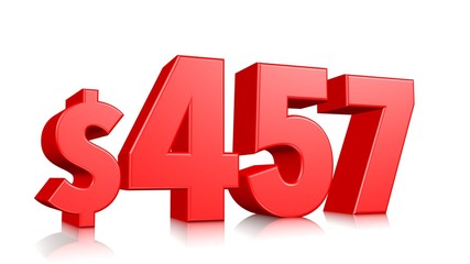 457$ Four hundred and fifty seven price symbol. red text number 3d render with dollar sign on white background