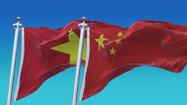 4k Seamless Vietnam and China Flags with blue sky background;A fully digital rendering;The animation loops at 20 seconds;VIE VN CHN CN.