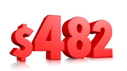 482$ Four hundred and eighty two price symbol. red text number 3d render with dollar sign on white background