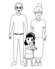 Family grandparents and grandchildren cartoons in black and white
