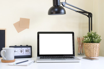 Workspace desk and mockup laptop. copy space and blank screen. Business image, Blank screen laptop and supplies.