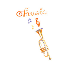 Watercolor trumpet on white background. Beautiful classic instrument.