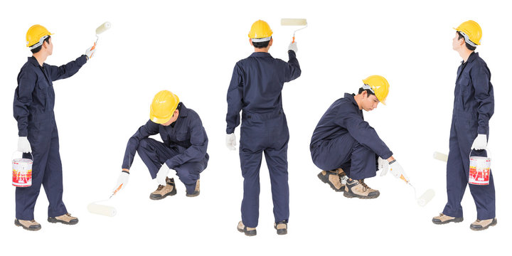 Set of Worker in a uniform using a paint roller