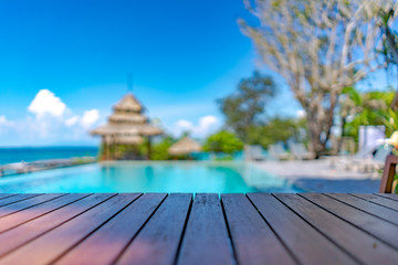 Wood Vintage Terrace on the beach with blue Sea, Ocean, Sky Background
