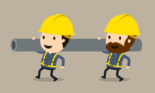 Two porter carrying the heavy pipe, Vector illustration, Safety and accident, Industrial safety cartoon