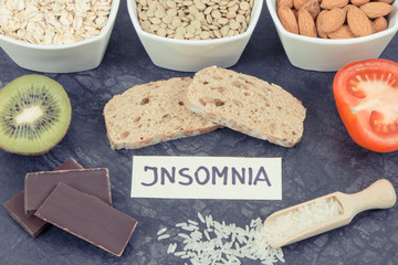 Inscription insomnia with food containing melatonin and tryptophan. Best eating for problems with sleep