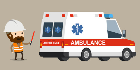 Workers guiding an ambulance, Vector illustration, Safety and accident, Industrial safety cartoon