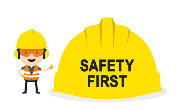The worker is emphasizing safety first, Vector illustration, Safety and accident, Industrial safety cartoon