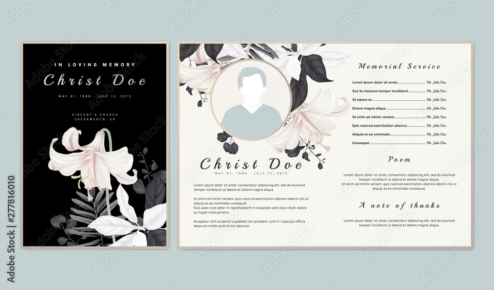 Wall mural Botanical memorial and funeral invitation card template design, white lilies with black and white leaves on black background