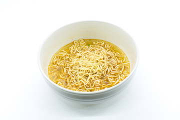 Famous asian instant noodles isolated in a ceramic bowl on white background. Horizontal shot.