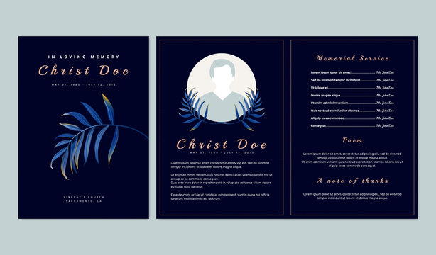 Botanical memorial and funeral invitation card template design, dark blue background decorated with blue bamboo palm leaves