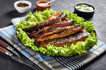 close-up of roasted fillets of mackerel fish
