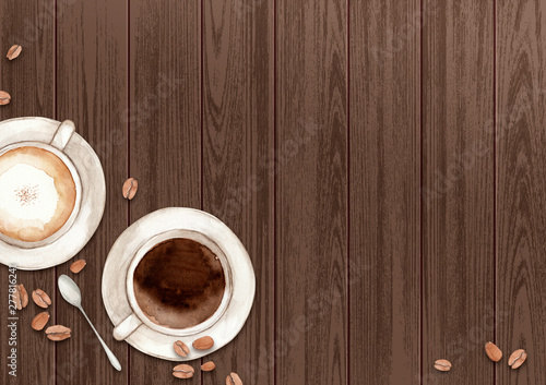 カフェでコーヒーとカフェラテ 背景 イラスト 水彩 Wall Mural Tada