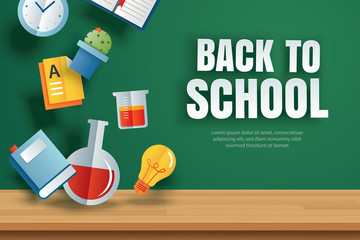 Back to school banner with education items on green chalkboard background in paper art style.