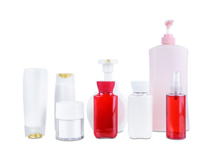 collection of various beauty cosmetic hygiene containers plastic bottle with body moisturising isolated on white background