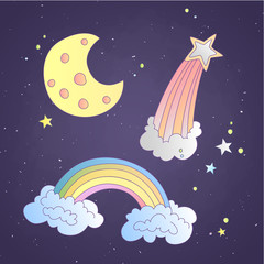 Cute cartoon sky and space icon, illustration. Moon, star and rainbow in clouds on dark background with stars.