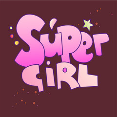 Super girl lettering with gradient colors. Supergirl words, cartoon cute style with decorative elements isolated on dark background. Girl superpower lettering