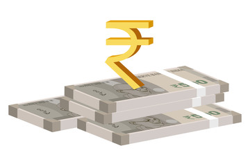 Golden rupee sign or symbol on top of stack of Indian rupee bills isolated in white background.