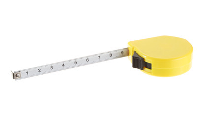 Steel measuring tape instrument isolated on white background.