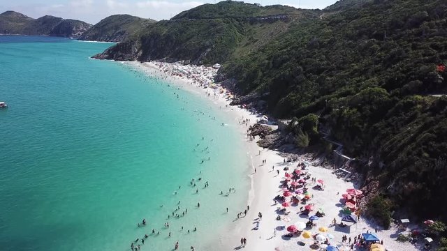 Drone view tropical beach Pontal do Atalaia, Arraial do Cabo, Rio de Janeiro. Rocky montains.