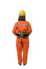 construction workers wearing Orange Protective clothes, helmet with tool belt isolated on white backround