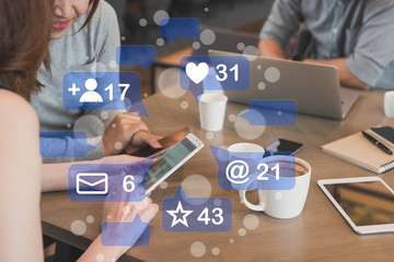 People play social media together with icon of interaction for online activity