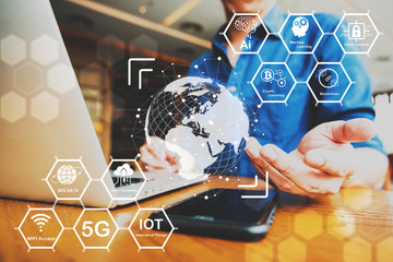 5G technology diagram of AI, machine learning, cyber security, crypto currency, blockchain, big...