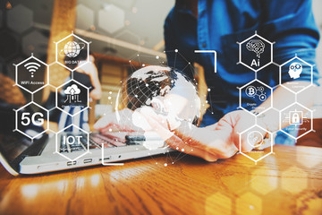 5G technology diagram of AI, machine learning, cyber security, crypto currency, blockchain, big data, cloud computing, wireless internet access, internet ot things