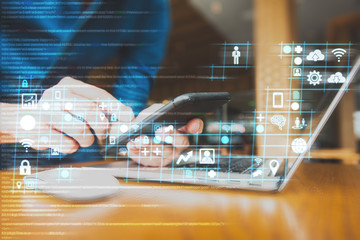 businessman working on digital diagram for program improvement, software developer work on digital...