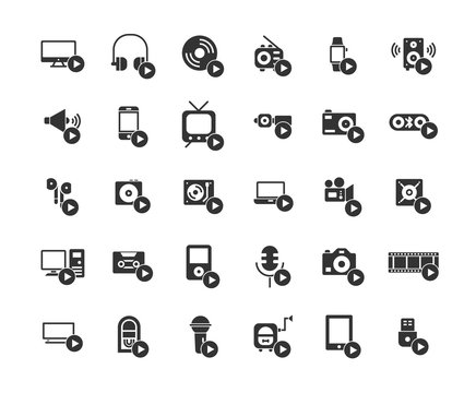Media devices and players solid icon set.