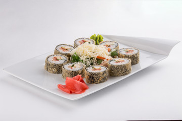 tempura sushi maki roll with shrimp, avocado japanese food isolated on white background