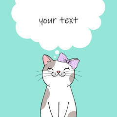 Cute cartoon cat character. Greeting card or invitation template with place for text. Hand drawn illustration