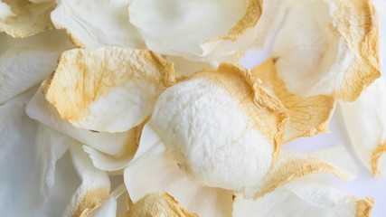 dry Lisianthus or Eustoma flower on wood background, white flower.