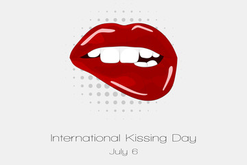 International Kissind Day. July 6.  Sweet sexy pop art Pair of Glossy Vector Lips. Open Sexy wet red lips with teeth pop art illustration 