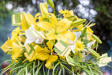 Beautiful bouquet of yellow and white lilies and chrysanthemums
