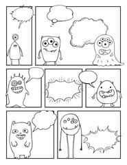 mock up comic book with empty speech bubbles and cute monsters