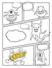 mock up comic book with empty speech bubbles and cute monsters