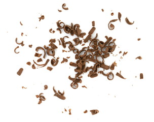 Grated chocolate. Heap of ground chocolate isolated on white background with clipping path, closeup.