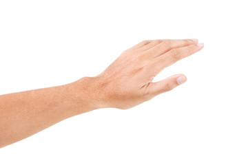 Male asian hand gestures isolated over the white background. TOUCHING POSE.