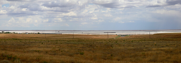 Salt lake Baskunchak, Astrakhan region. Wild nature of Russia.Panoramic view.