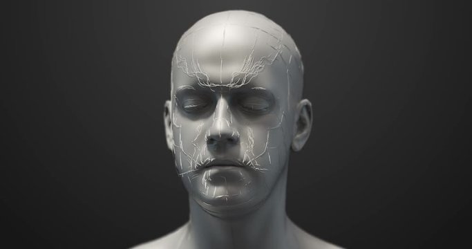 Advanced Bionic Robot Head Rotating Slowly On Background - Technology Related 3D 4K Animation Concept